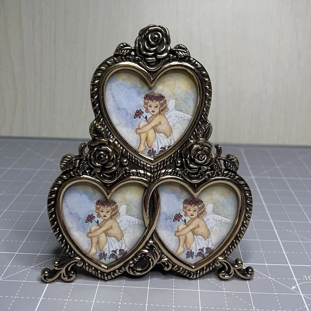 Sienna Gold Brass Tone Three Heart Rose Mini Frame Matson Ornate Valentine’s Day